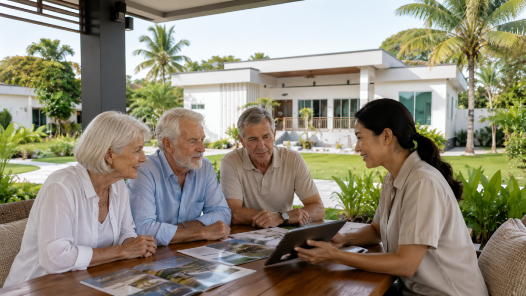 Foreign retirees review retirement home information with a consultant on a shaded terrace in a green resort setting near Hua Hin.