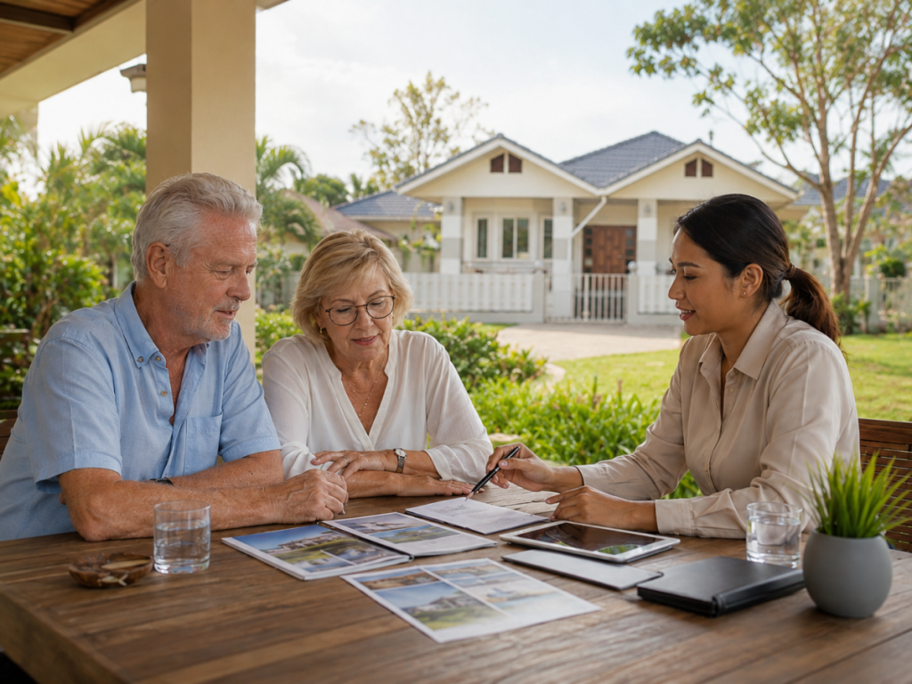 Nederlandse of Belgische gepensioneerden bekijken informatie over een pensioenwoning met een adviseur in een groene resortomgeving bij Hua Hin.