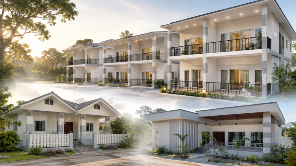 Drei Wohnoptionen bei Leo Resort nahe Hua Hin und Cha-Am: Bungalow, L-fÃķrmige Poolvilla und Duo House in einer ruhigen Resort-Community.