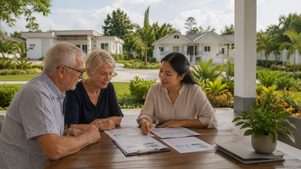 Een Nederlands of Belgisch gepensioneerd stel bespreekt het betalingsplan voor een pensioenwoning met een adviseur nabij Hua Hin.