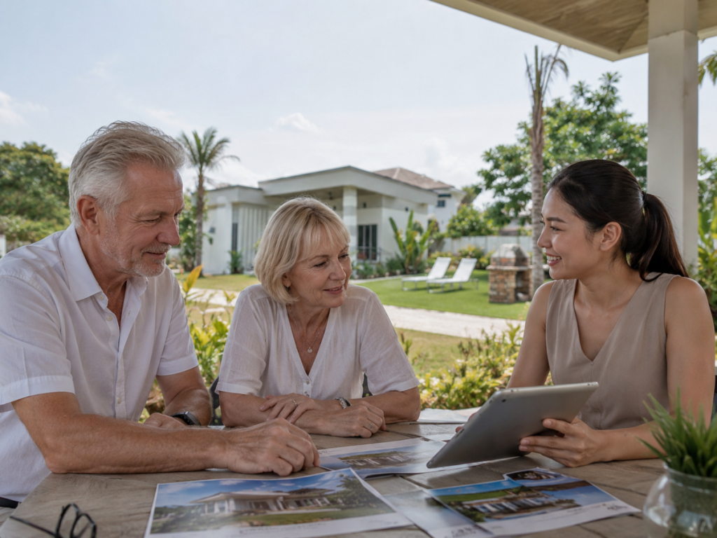 Deutschsprachige Rentner besprechen Informationen zu einem Ruhestandshaus mit einem Berater in einer grünen Resortumgebung nahe Hua Hin.