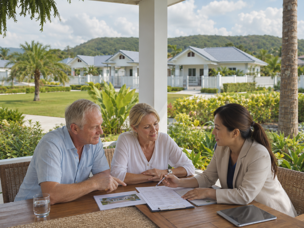 Foreign retirees review retirement home payment planning with a consultant in a green resort setting near Hua Hin.