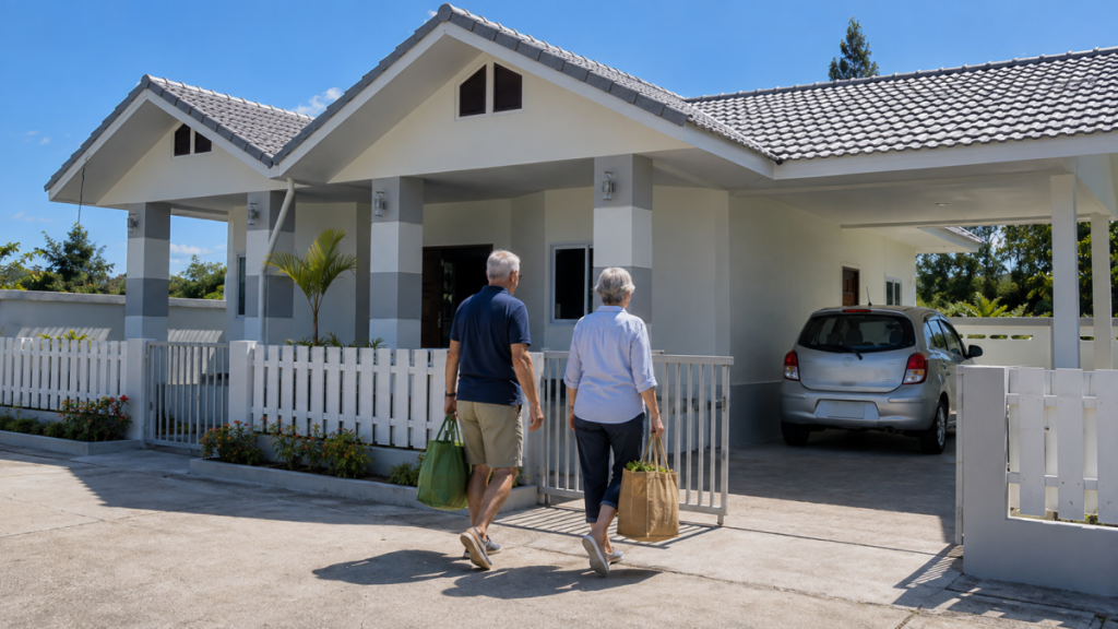 An international retired couple returns home after an ordinary grocery errand at a single-storey retirement home near Hua Hin.