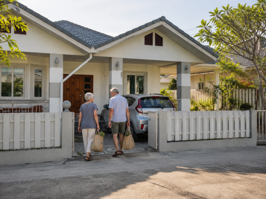 Een Nederlands of Belgisch gepensioneerd stel komt na een gewone boodschap terug bij een gelijkvloerse woning nabij Hua Hin en Cha-Am.