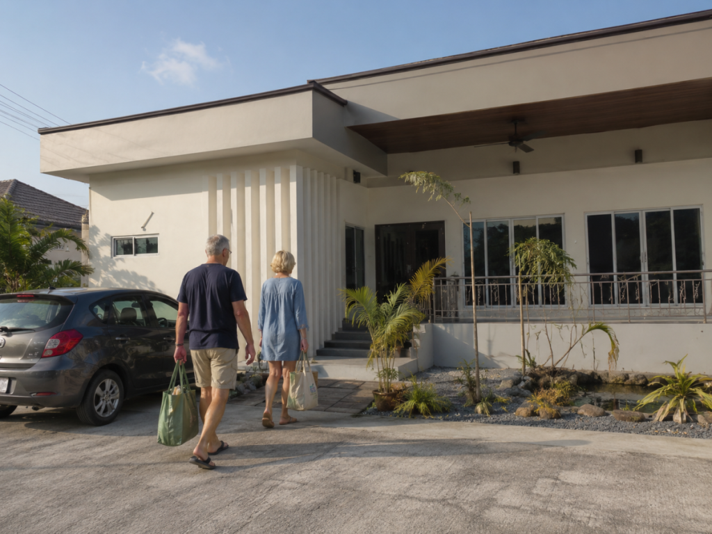 Ein deutschsprachiges Rentnerpaar kommt nach einer gewöhnlichen Besorgung zu einem eingeschossigen Haus nahe Hua Hin und Cha-Am zurück.