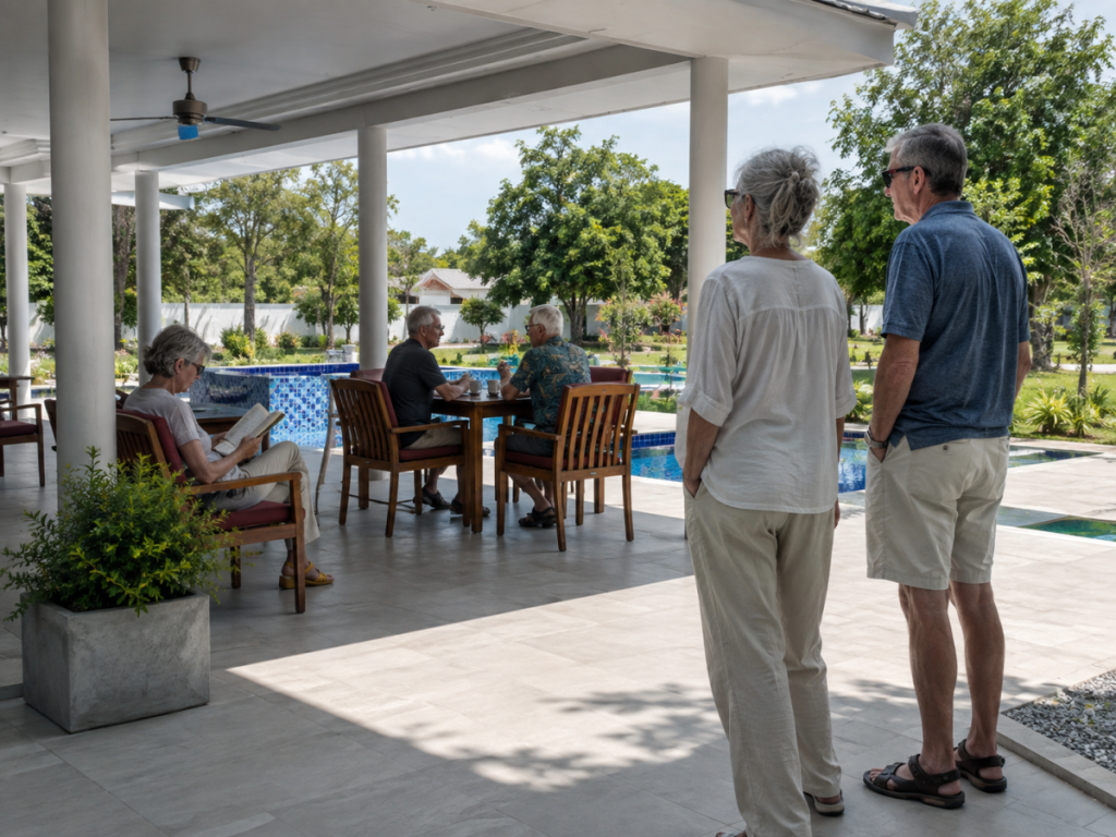 An international retired couple observes ordinary use of a shaded clubhouse terrace near Hua Hin before choosing a retirement home.