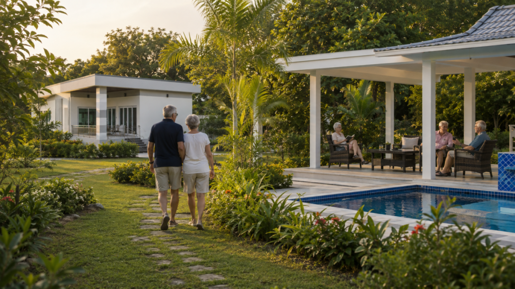 Een Nederlands of Belgisch gepensioneerd stel loopt van een privÃĐwoning naar een nabijgelegen clubhuis tijdens een praktisch woningbezoek nabij Hua Hin.
