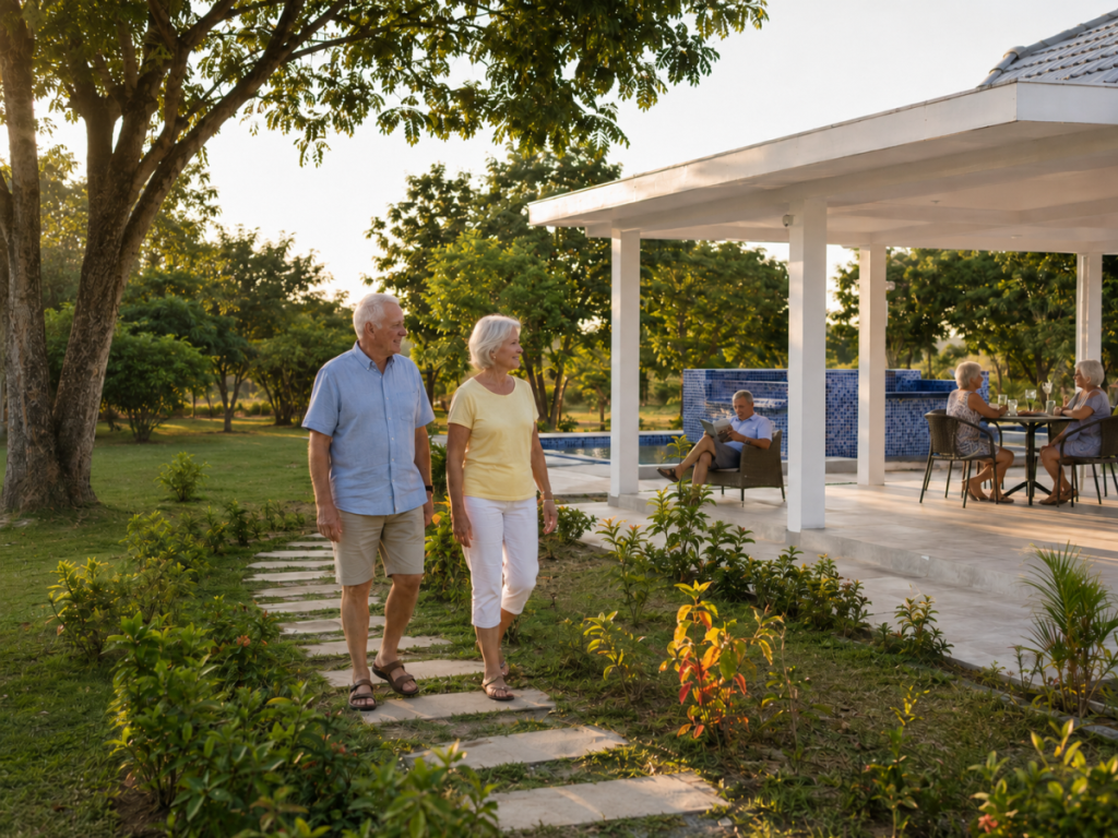 Ein deutschsprachiges Rentnerpaar läuft bei einer Besichtigung von einem privaten Haus zu einem nahe gelegenen Clubhaus bei Hua Hin.