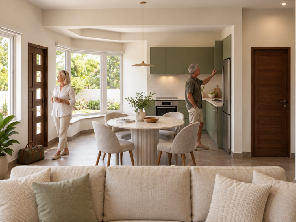 An international retired couple evaluates the kitchen, living area and private terrace of a single-storey home near Hua Hin for seasonal and longer-term retirement living.