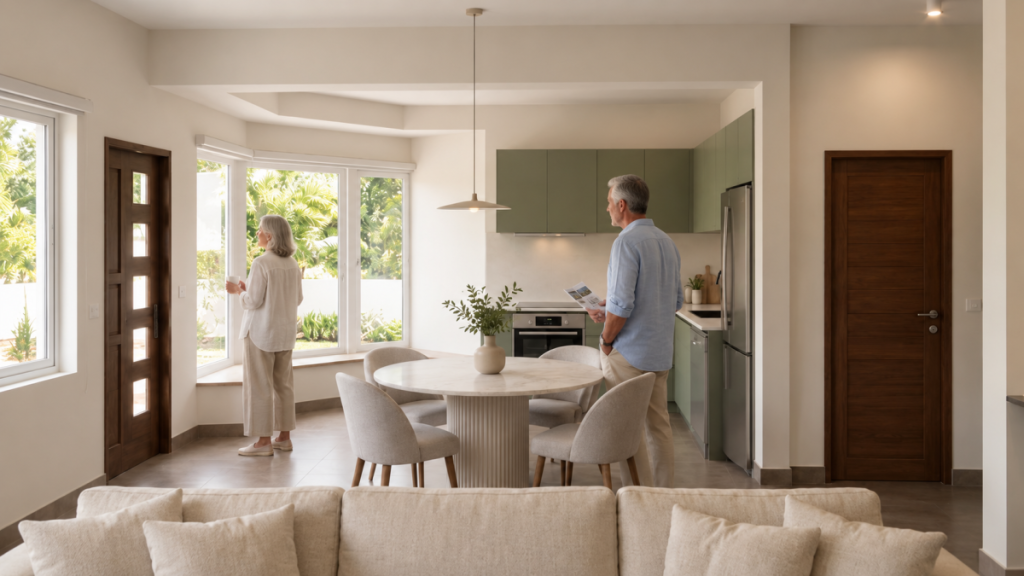 Ein deutschsprachiges Rentnerpaar beurteilt Küche, Essbereich und Wohnraum eines Ruhestandshauses nahe Hua Hin für saisonales und längeres Wohnen.